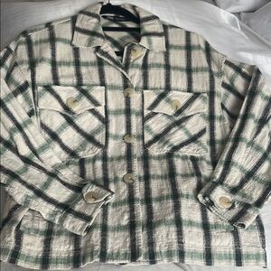 Zara Green and White Plaid Shirt Jacket